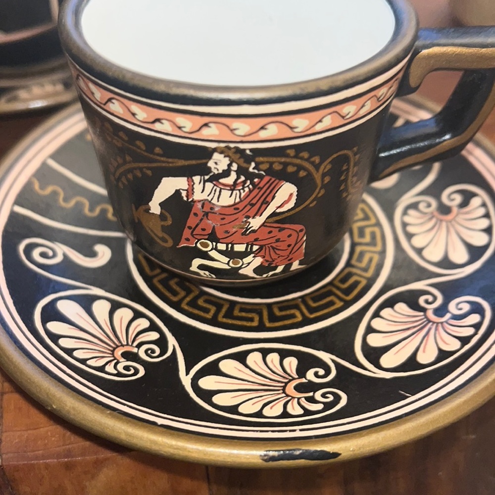 Pottery Demitasse Tea Cup and Saucer 5 Sets Dionysos and Kantharos Greece